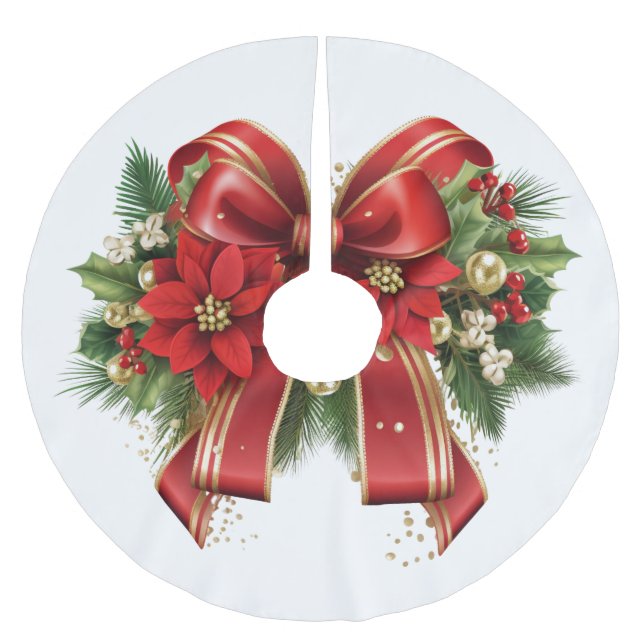 Red and Gold Christmas Bow Festival Polyester Weihnachtsbaumdecke (Vorderseite)