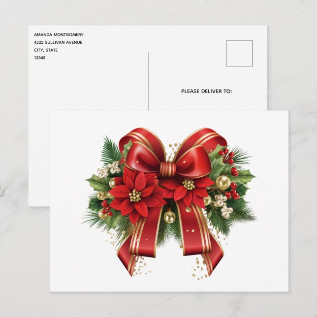 Red and Gold Christmas Bow Festival Postkarte (Vorne/Hinten)