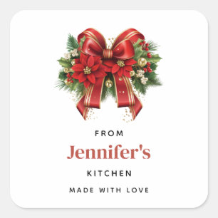 Red and Gold Christmas Bow Festive Kitchen Quadratischer Aufkleber