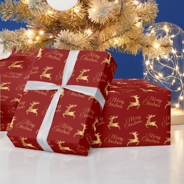 Red and Gold Christmas Reindeers Geschenkpapier (Feiertage)