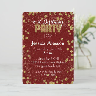 Red and Gold Confetti Glitzer 21. Geburtstag Einladung