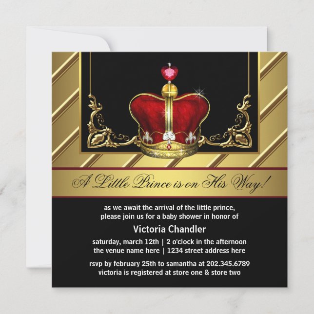 Red and Gold Crown Prince Baby Dusche Einladung (Vorderseite)
