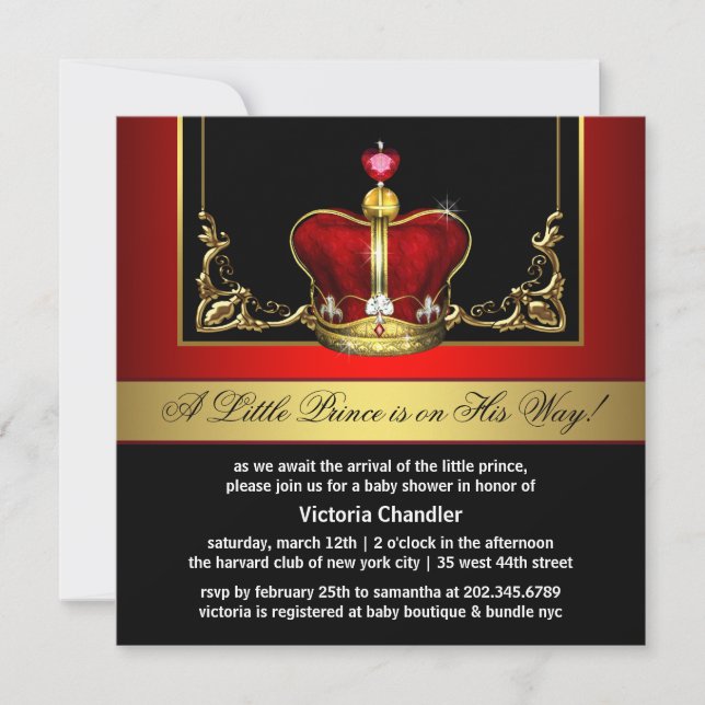 Red and Gold Crown Prince Baby Dusche Einladung (Vorderseite)