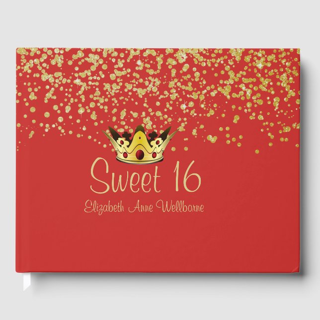 Red and Gold Crown Sweet 16 Guest Book Gästebuch (Vorderseite)