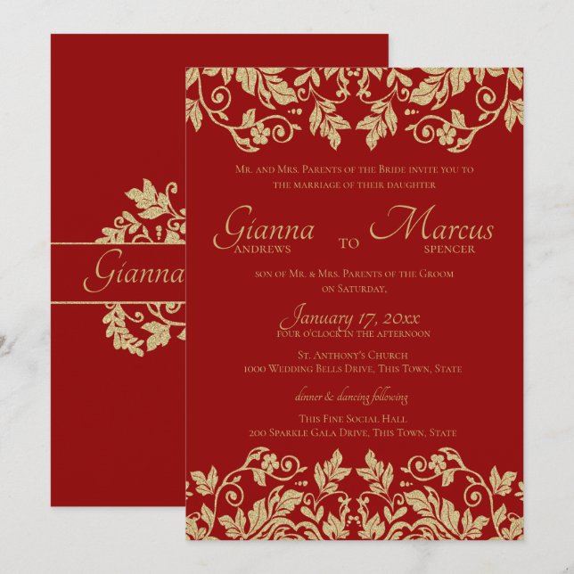 Red and Gold Damask Emblem Wedding Einladung (Vorne/Hinten)