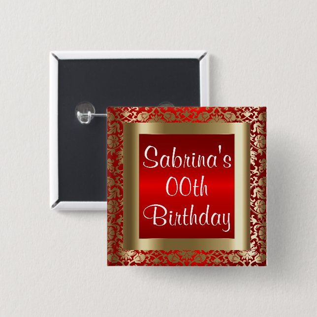 Red and Gold Damask - Geburtstag oder Ereignis Button (Vorne & Hinten)
