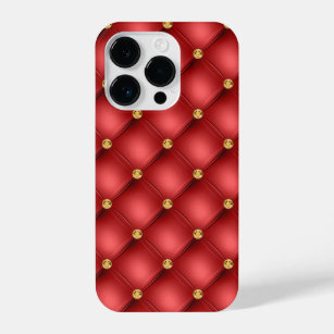 Red and Gold Diamond Tufted Leather Luxury Jewel iPhone 14 Pro Hülle