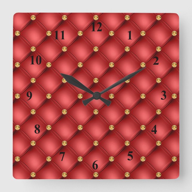 Red and Gold Diamond Tufted Leather Texture Luxury Quadratische Wanduhr (Vorderseite)