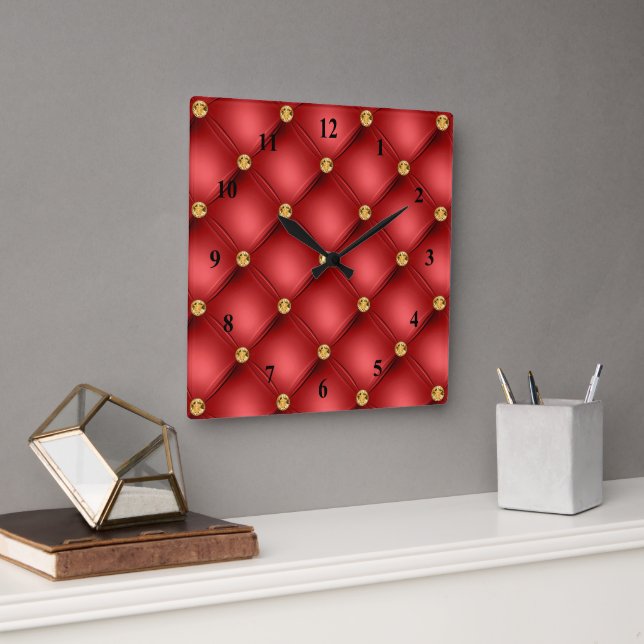 Red and Gold Diamond Tufted Leder Luxus Uhr (Büro)