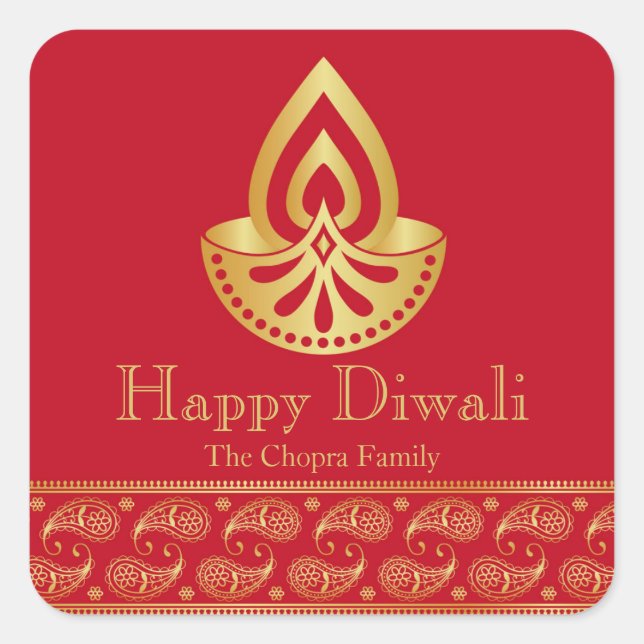 Red and Gold Diwali Gastgeschenk Quadratischer Aufkleber (Vorderseite)