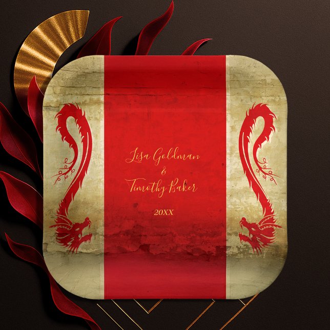 Red and Gold Dragon Fantasy Asian Theme Wedding Pappteller (Red and Gold Dragon Fantasy Asian Theme Wedding Paper Plates)