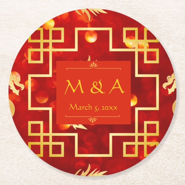 Red and Gold Dragon Wedding Runder Pappuntersetzer (Vorderseite)
