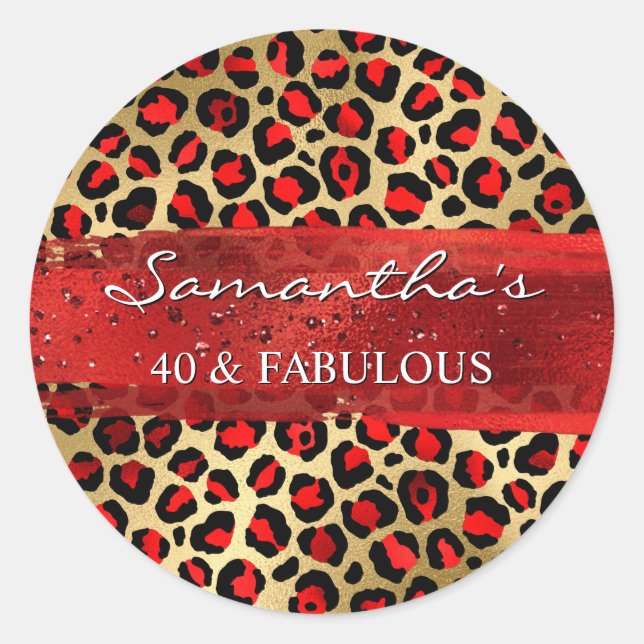 Red and Gold Foil Leopard 40 & Fabulous Runder Aufkleber (Vorderseite)