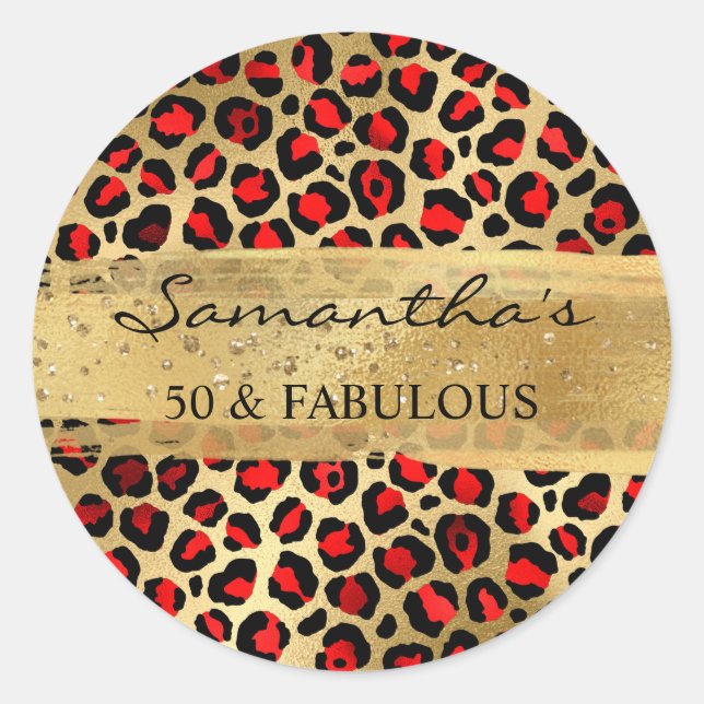 Red and Gold Foil Leopard 50 & Fabulous Runder Aufkleber (Vorderseite)