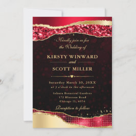 Red and Gold Glam Tears Bokeh Wedding Einladung