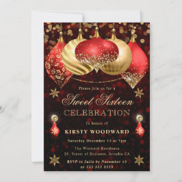 Red and Gold Glitzer Baubles 16 . Geburtstag Einladung