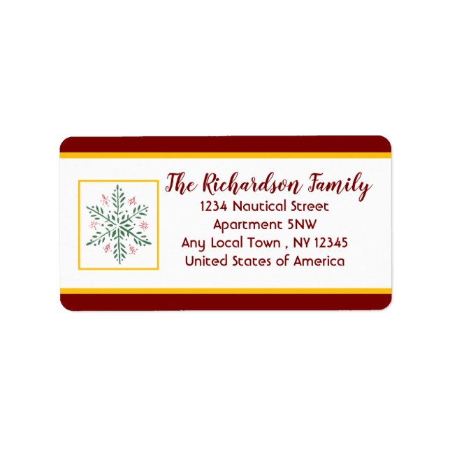 Red and Gold Holiday Card Label für Snowflake Adressaufkleber (Vorne)