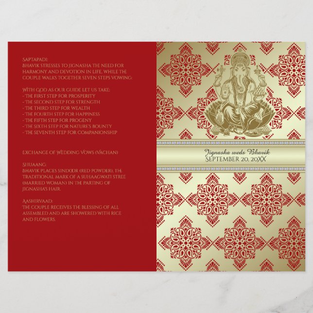 Red and Gold Indian Damask Programme de mariage hi (Devant)