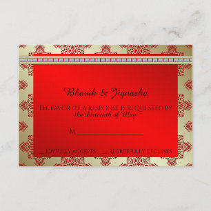 Red and Gold Indian Damask Wedding Response Card RSVP Karte