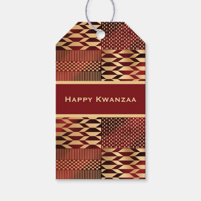 Red and Gold Kente 'Happy Kwanzaa' Geschenkanhänger (Vorderseite)