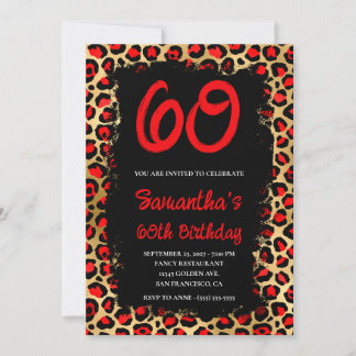 Red and Gold Leopard Painted Black 60. Geburtstag Einladung