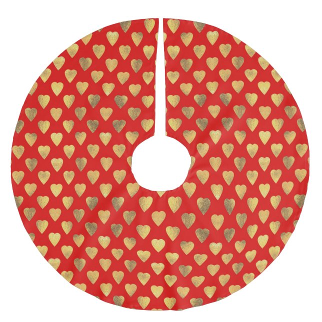 Red and Gold Liebe Herzmuster Polyester Weihnachtsbaumdecke (Vorderseite)