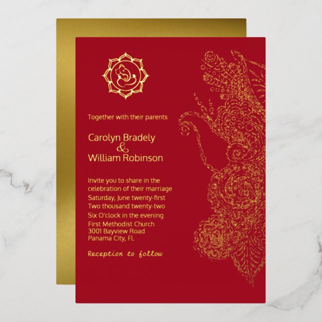 Red and Gold Mandala and Ganesha Wedding Folieneinladung (Vorderseite/Rückseite)