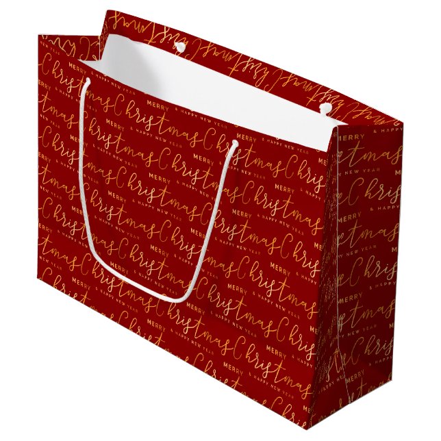 Red and Gold Merry Christmas Word Art Große Geschenktüte (Vorderseite Schrägansicht)
