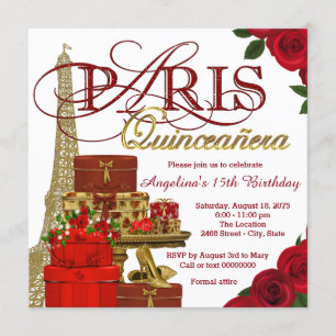 Red and Gold Paris Quinceanera Einladung