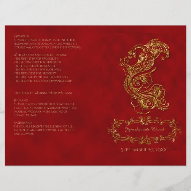 Red and Gold Peacock Hindu Wedding Program (Vorderseite)