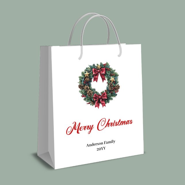 Red and gold pine wreath Christmas bag custom name Mittlere Geschenktüte (Red and gold pine wreath Christmas bag custom name)