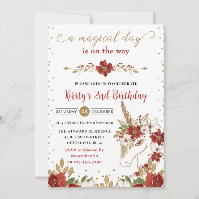Red and Gold Poinsettia Unicorn Face Birthday Einladung (Vorderseite)