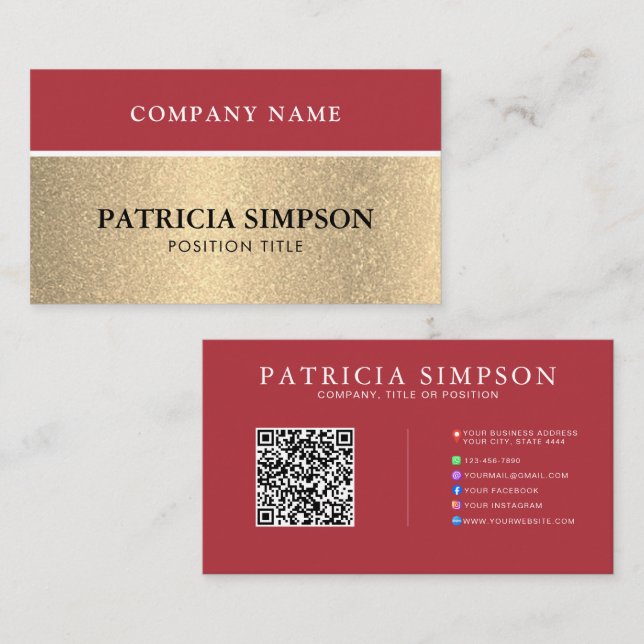 Red and Gold QR Code with Social Media & Web Links Visitenkarte (Vorne/Hinten)