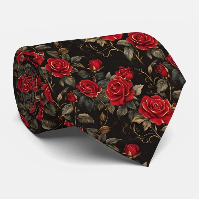 Red and Gold Roses On Black Krawatte (Gerollt)