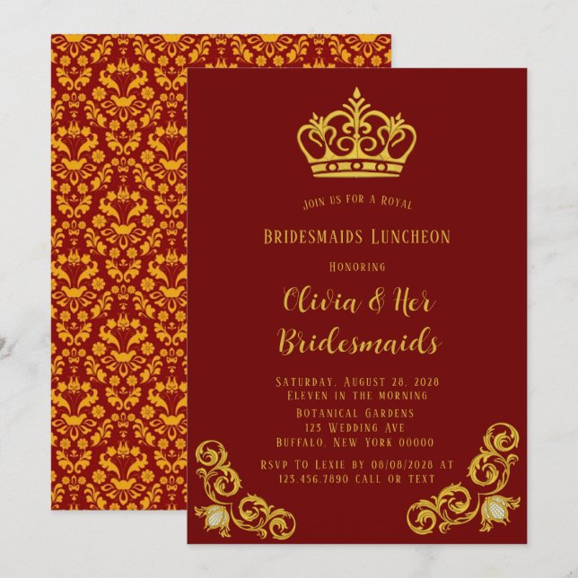 Red and Gold Royal Bridesmaids Luncheon Einladung (Vorne/Hinten)
