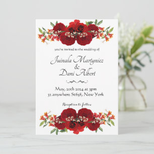 Red and gold rustic flower wedding invitation 