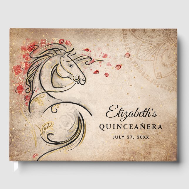 Red and Gold Rustic Ranchera Mexican Quinceanera Gästebuch (Vorderseite)