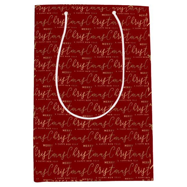 Red and Gold Script Weihnachten Mittlere Geschenktüte (Vorderseite)