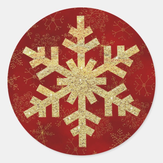 Red and Gold Snowflake Weihnachtskleber Runder Aufkleber (Vorderseite)