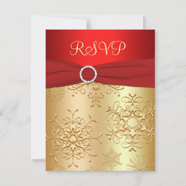 Red and Gold Snowflakes Wedding RSVP Card Karte (Vorderseite)