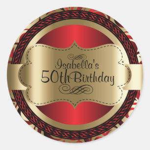 Red and Gold Swirl Abstrakt 00. Geburtstag Runder Aufkleber