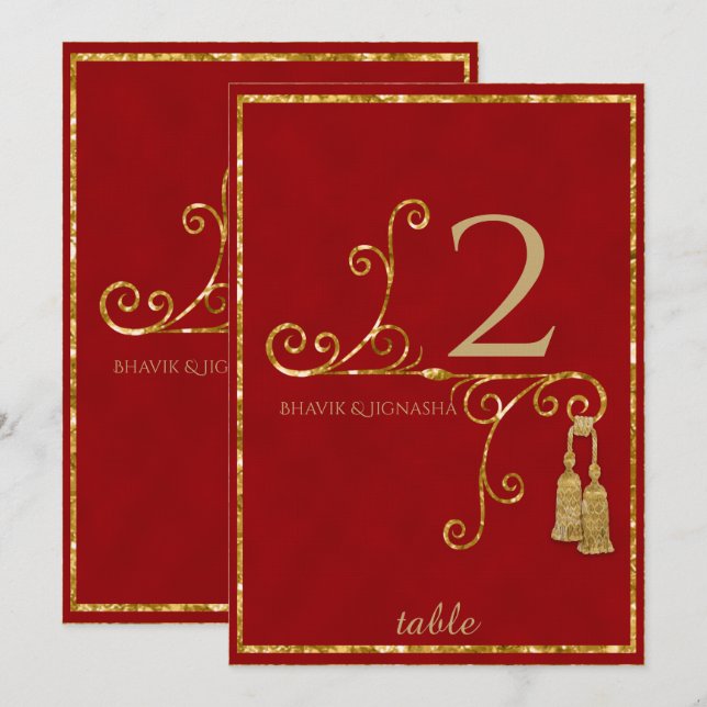 Red and Gold Tassel Indian Numéro de table (Devant / Derrière)