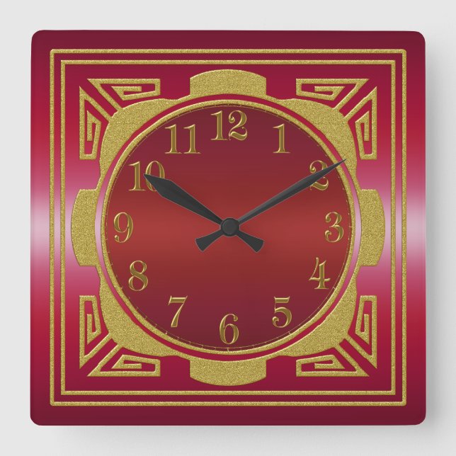 Red and Gold Wall Clock Quadratische Wanduhr (Vorderseite)