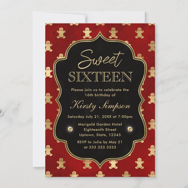 Red and Gold Winter Gingerbread Men Sweet 16 Einladung (Vorderseite)