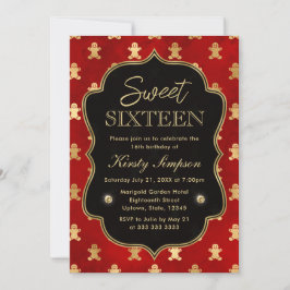 Red and Gold Winter Gingerbread Men Sweet 16 Einladung