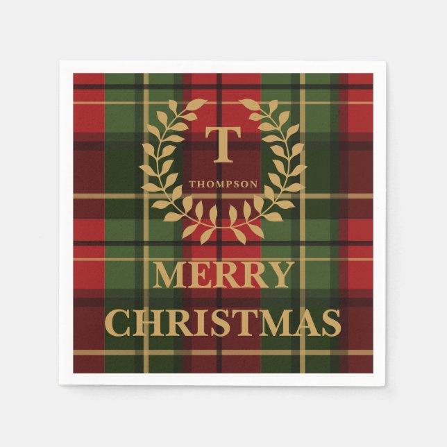 Red And Green Christmas Plaid Custom Monogram Serviette (Vorderseite)
