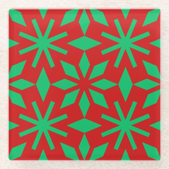 Red and Green Christmas Snowflakes Pattern Glasuntersetzer (Vorderseite)