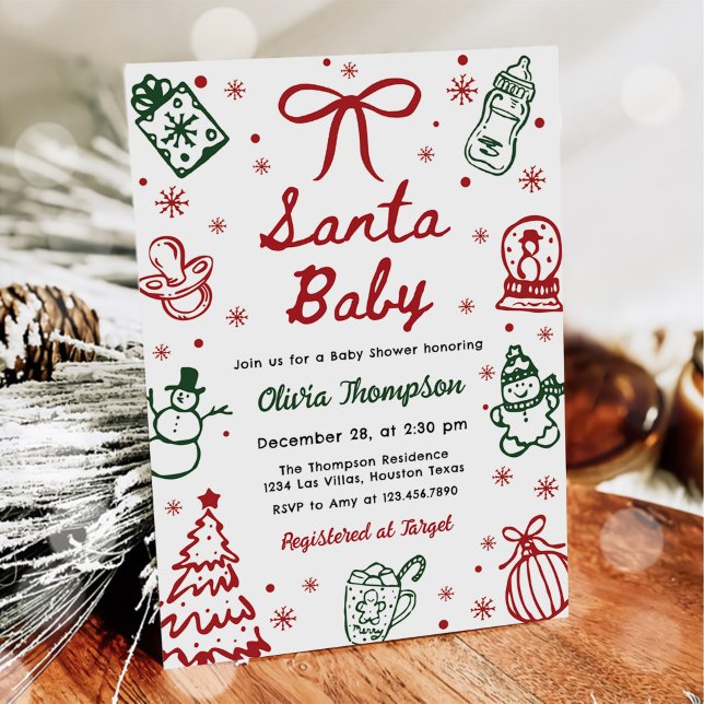 Red and Green Hand Drawn Christmas Baby Shower Einladung (Von Creator hochgeladen)