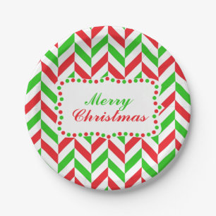 Red and Green Herringbone Muster Weihnachten Pappteller