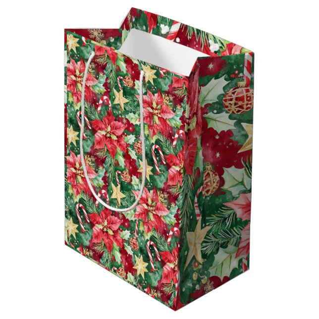 Red and Green Holiday Floral Candy Cane Mittlere Geschenktüte (Rückseite Schrägansicht)